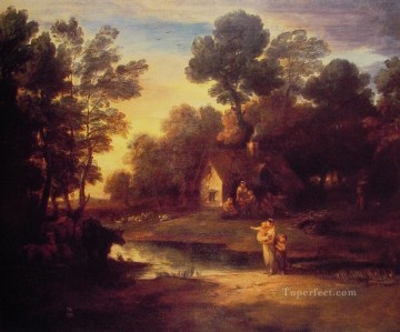 トーマス・ゲインズバラ Painting - プールとコテージのそばに牛がいる森の風景 トーマス・ゲインズボロ